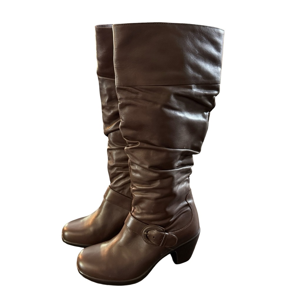 Dansko Brown Leather Tall Knee High Boots Slouch Buckle Heeled Women's Size 38